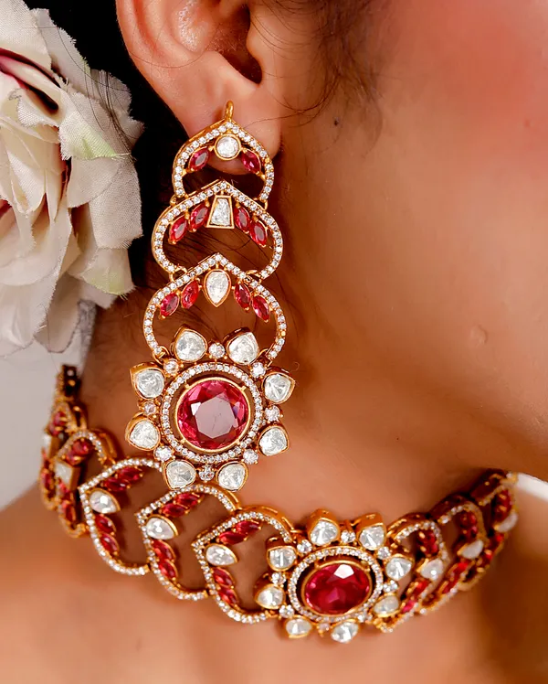 Pink_Premium_Handcrafted_Designer_Golden_Necklace_With_Matching_Earrings_Set_For_Women