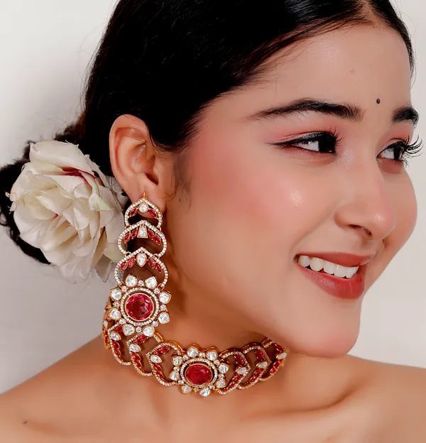 Pink_Premium_Handcrafted_Designer_Golden_Necklace_With_Matching_Earrings_Set_For_Women