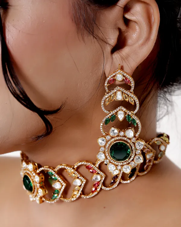 Multicolor_Premium_Handcrafted_Designer_Golden_Necklace_With_Matching_Earrings_Set_For_Women