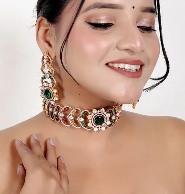 Multicolor_Premium_Handcrafted_Designer_Golden_Necklace_With_Matching_Earrings_Set_For_Women