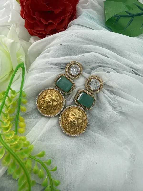 Luxury_Lion_Face_Coin_Earrings_with_Green_&_Crystal_Stones