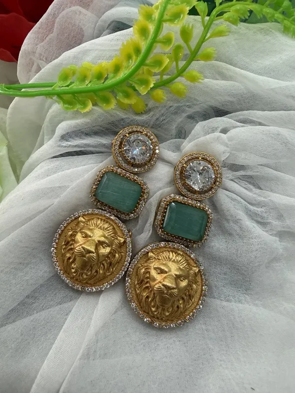 Luxury_Lion_Face_Coin_Earrings_with_Green_&_Crystal_Stones