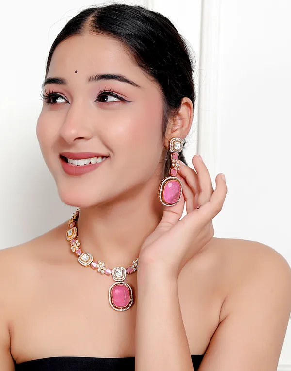 Pink_Premium_Handcrafted_Designer_Golden_Necklace_With_Matching_Earrings_Set_For_Women