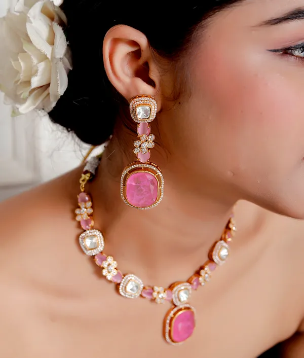 Pink_Premium_Handcrafted_Designer_Golden_Necklace_With_Matching_Earrings_Set_For_Women