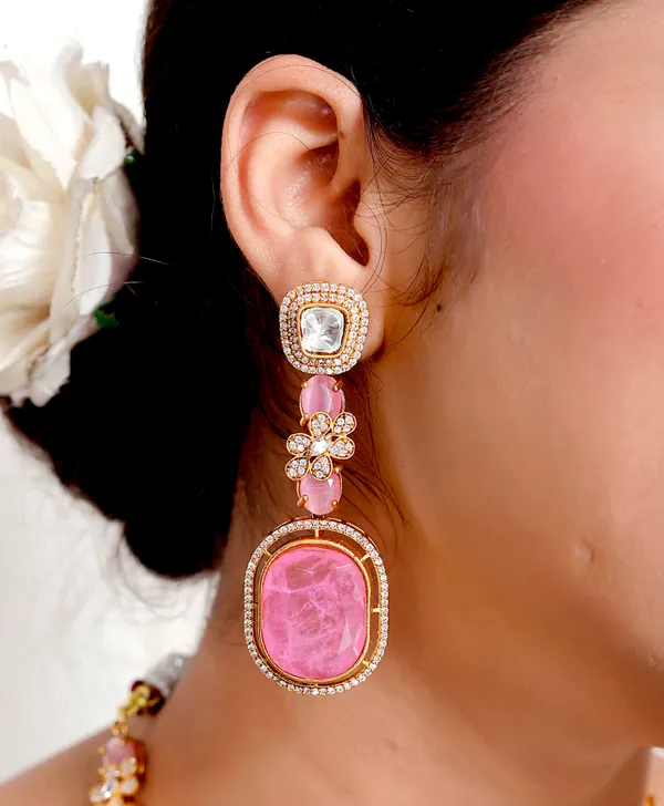 Pink_Premium_Handcrafted_Designer_Golden_Necklace_With_Matching_Earrings_Set_For_Women
