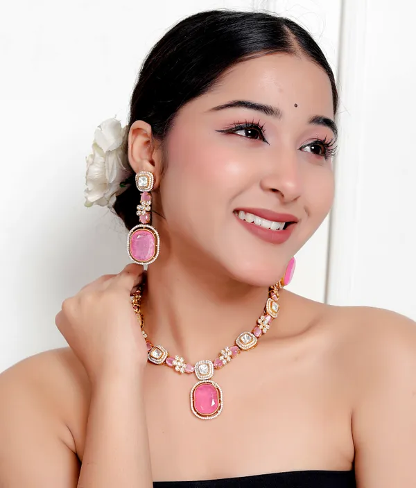 Pink_Premium_Handcrafted_Designer_Golden_Necklace_With_Matching_Earrings_Set_For_Women