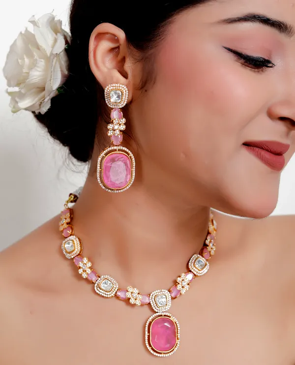 Pink_Premium_Handcrafted_Designer_Golden_Necklace_With_Matching_Earrings_Set_For_Women