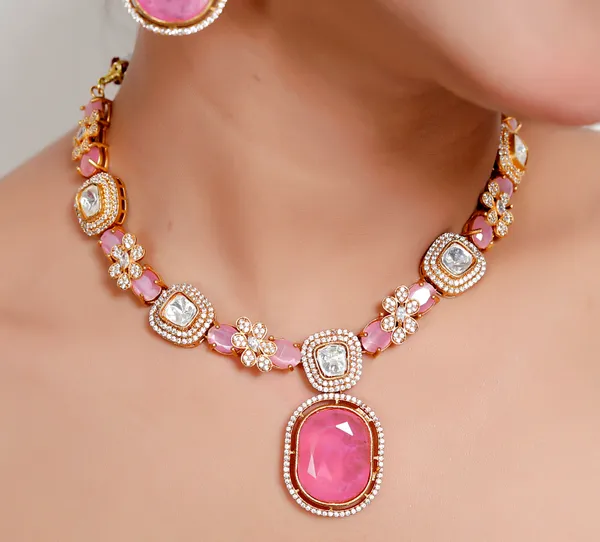 Pink_Premium_Handcrafted_Designer_Golden_Necklace_With_Matching_Earrings_Set_For_Women