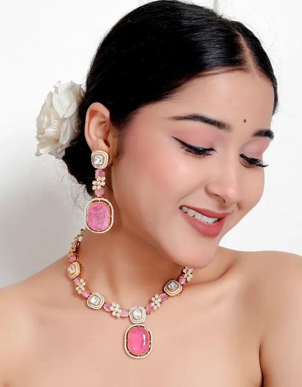 Pink_Premium_Handcrafted_Designer_Golden_Necklace_With_Matching_Earrings_Set_For_Women