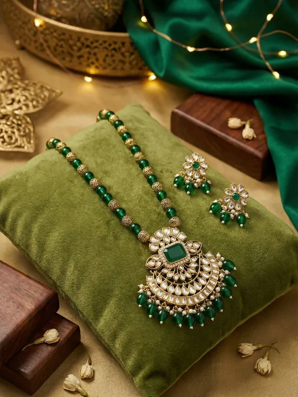 Green_Gold_Plated_Regal_Charm_Green_Carving_And_Kundan_Stones_Rani_Haar_With_Matching_Earrings_For_Women