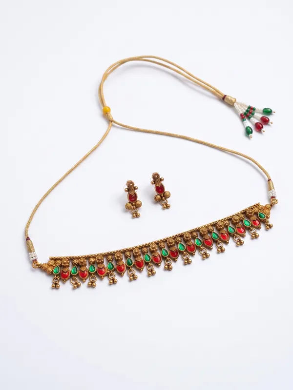 Antique_Gold-Plated_Choker_Necklace_Set_with_Green_Kundan_&_Red_Meena_Work
