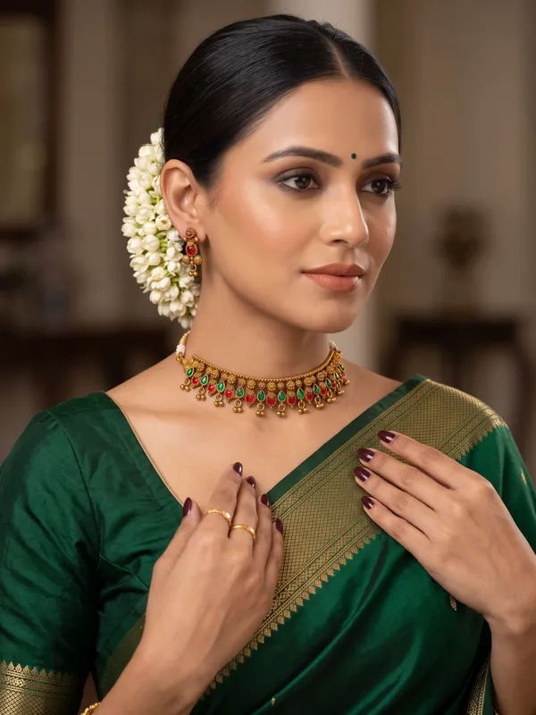 Antique_Gold-Plated_Choker_Necklace_Set_with_Green_Kundan_&_Red_Meena_Work