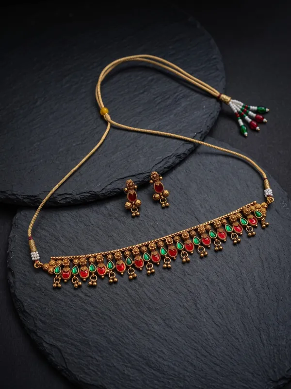 Antique_Gold-Plated_Choker_Necklace_Set_with_Green_Kundan_&_Red_Meena_Work