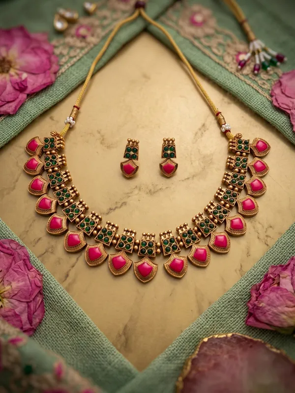 Antique_Gold_Plated_Choker_Necklace_Set_with_Hot_Pink_Meenakari_&_Green_Kundan