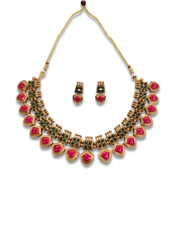 Antique_Gold_Plated_Choker_Necklace_Set_with_Hot_Pink_Meenakari_&_Green_Kundan