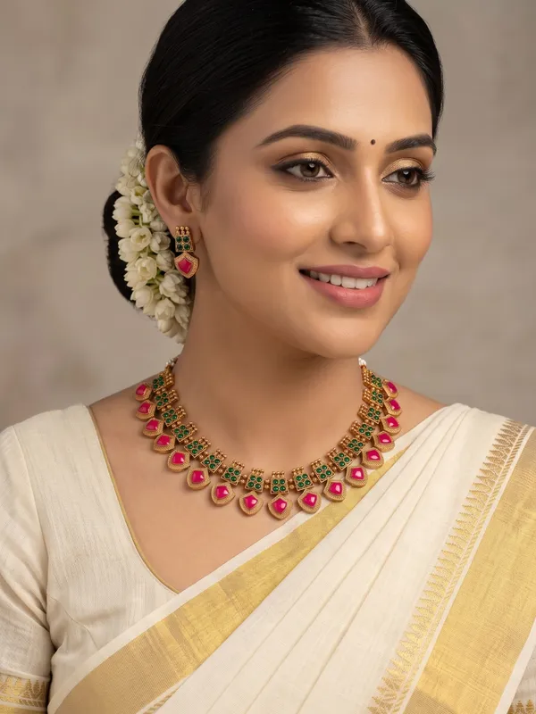 Antique_Gold_Plated_Choker_Necklace_Set_with_Hot_Pink_Meenakari_&_Green_Kundan