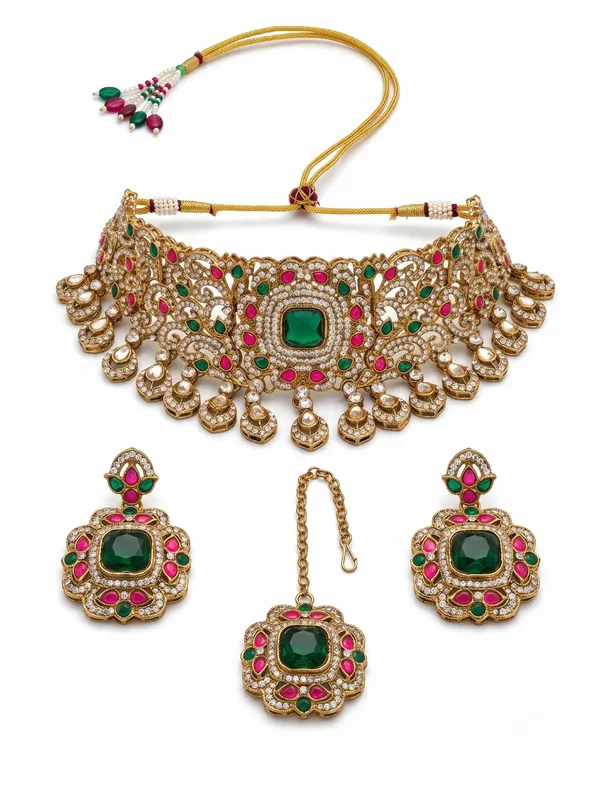 Antique_Gold-Plated_Choker_Set_with_Emerald_Green_&_Hot_Pink_Kundan