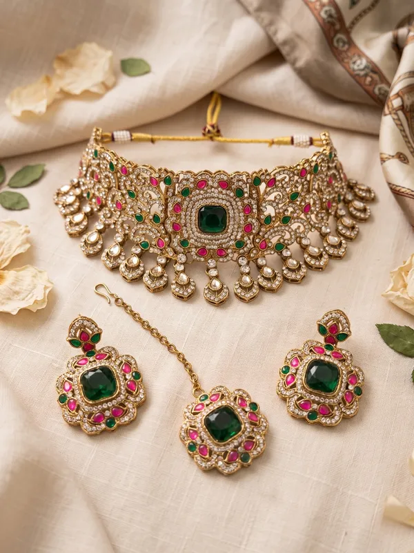 Antique_Gold-Plated_Choker_Set_with_Emerald_Green_&_Hot_Pink_Kundan
