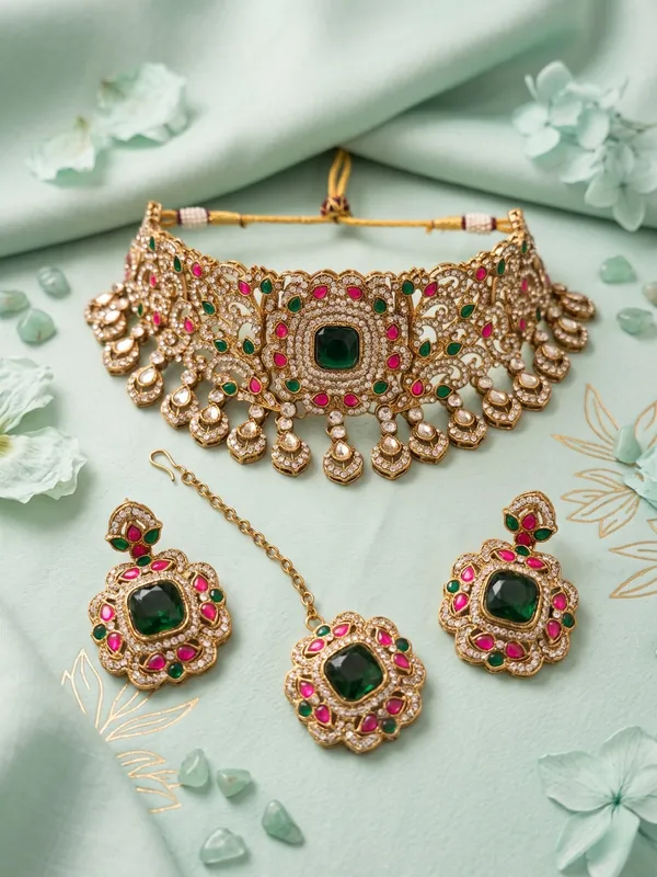 Antique_Gold-Plated_Choker_Set_with_Emerald_Green_&_Hot_Pink_Kundan