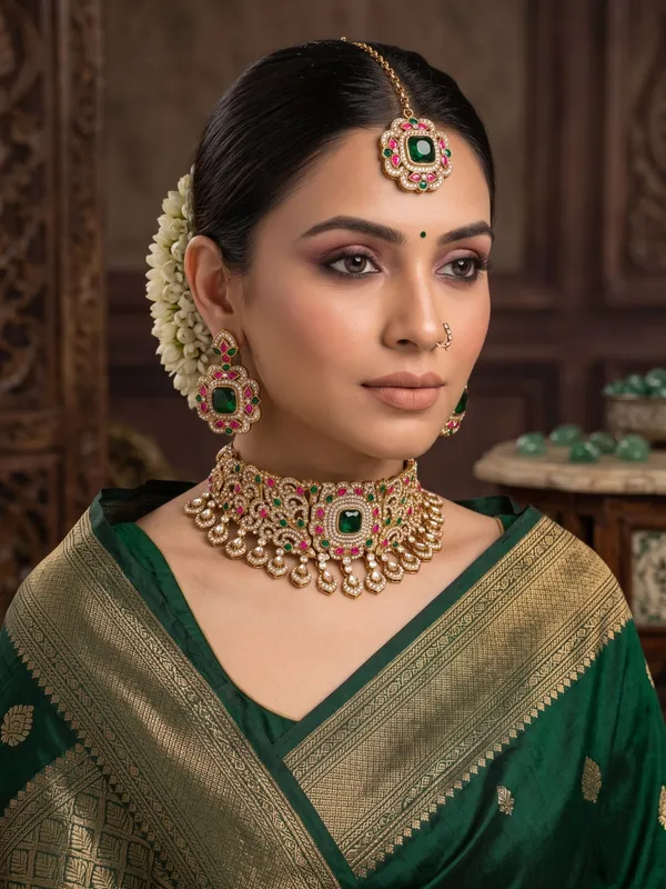 Antique_Gold-Plated_Choker_Set_with_Emerald_Green_&_Hot_Pink_Kundan