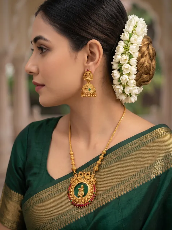 Antique_Gold_Plated_Krishna_Pendant_Chain_Set_with_Laxmi_Jhumka_Earrings_|_Green_Enamel_&_Ruby_Kundan_Jewelry
