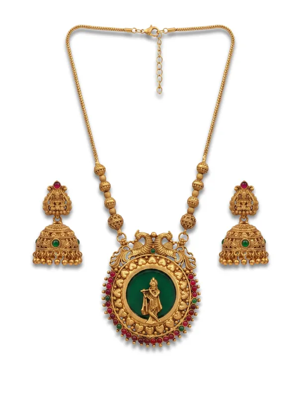 Antique_Gold_Plated_Krishna_Pendant_Chain_Set_with_Laxmi_Jhumka_Earrings_|_Green_Enamel_&_Ruby_Kundan_Jewelry