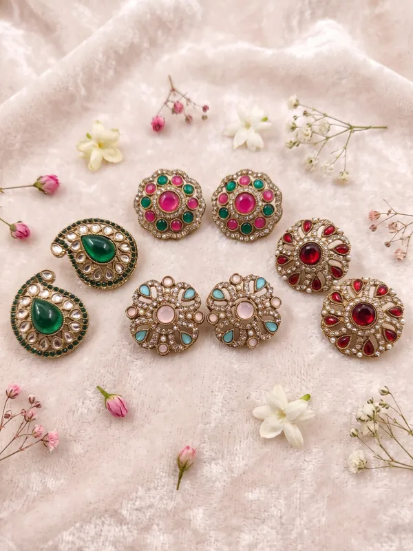 Antique_Gold_Plated_Stud_Earrings_Set_of_4_–_Handcrafted_Kundan_&_Stone_Multi-Color_Combo_Set
