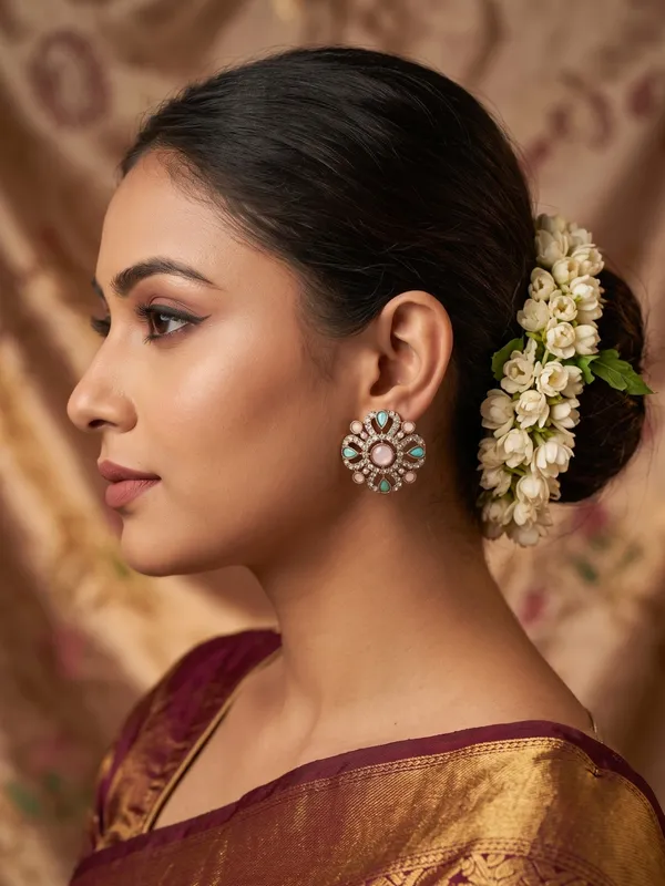 Antique_Gold_Plated_Stud_Earrings_Set_of_4_–_Handcrafted_Kundan_&_Stone_Multi-Color_Combo_Set