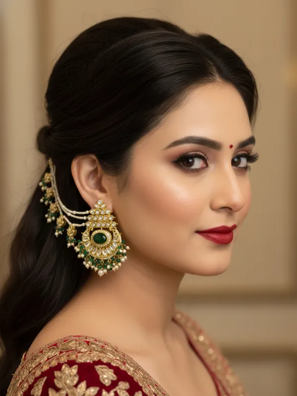 Regal_Emerald_&_Pearl_Chaandbali_Earrings_with_Hair_Chain
