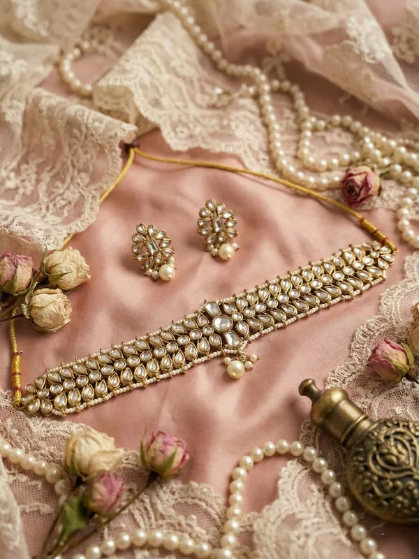 White_Regal_Kundan_Pearl_Choker_Necklace_Set