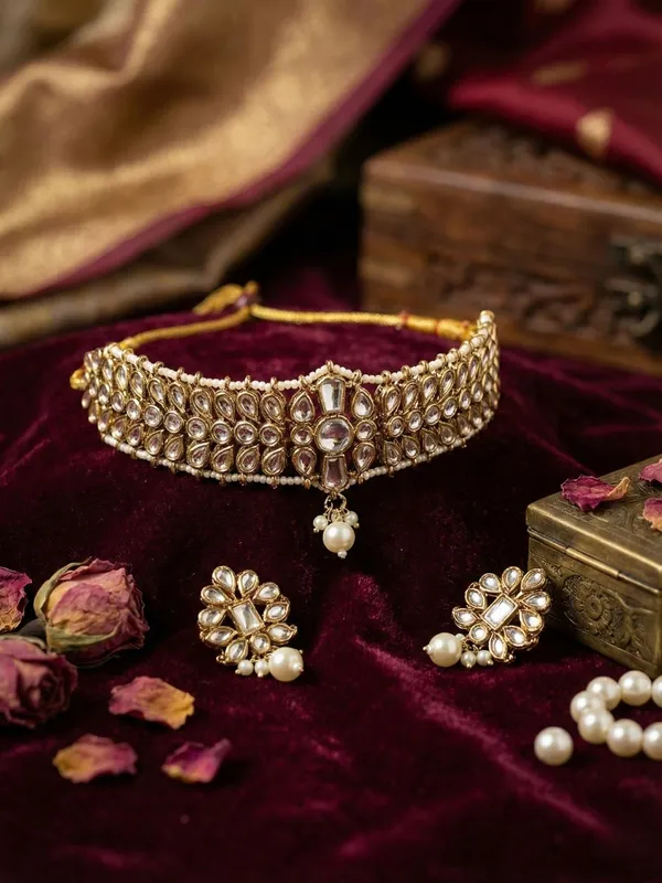 White_Regal_Kundan_Pearl_Choker_Necklace_Set