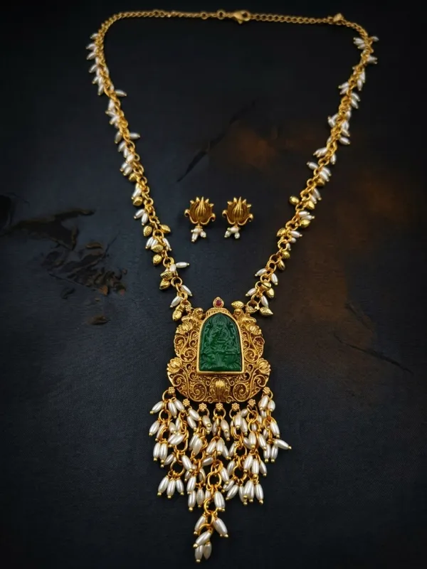 Divine_Grace:_Antique_Gold_Laxmi_Carved_Green_Stone_Pendant_&_Earrings_Set