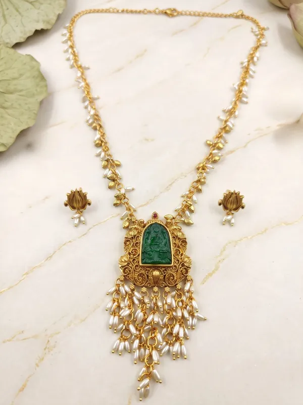 Divine_Grace:_Antique_Gold_Laxmi_Carved_Green_Stone_Pendant_&_Earrings_Set