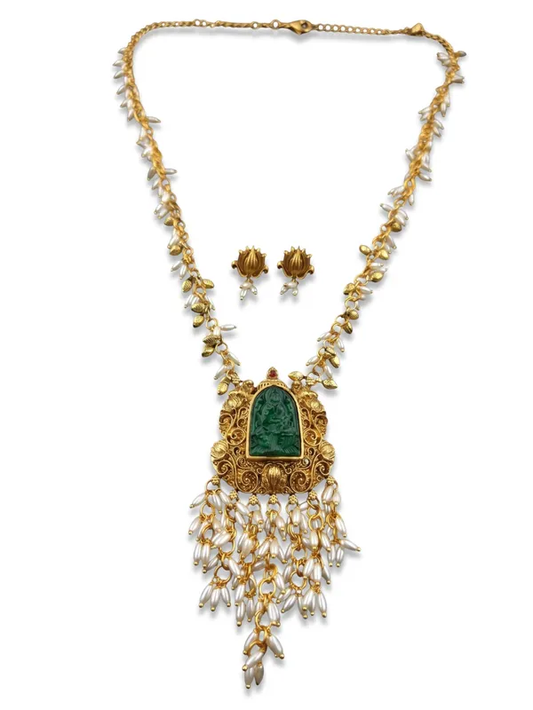 Divine_Grace:_Antique_Gold_Laxmi_Carved_Green_Stone_Pendant_&_Earrings_Set