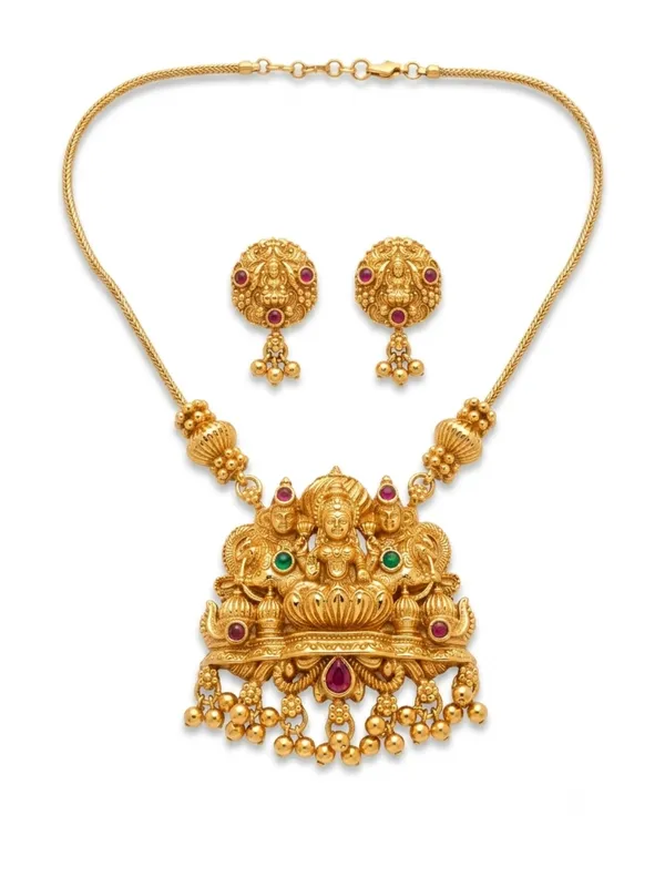 Divine_Lakshmi_Motif_Antique_Gold_Pendant_Set_with_Matching_Stud_Earrings