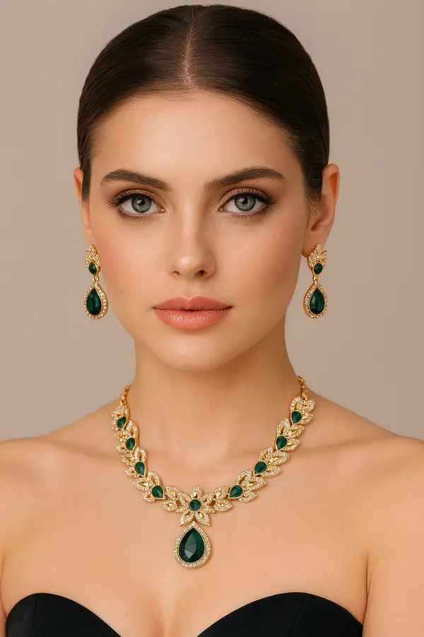 Green_Rhinestone_Link_Necklace_And_Earrings_Set