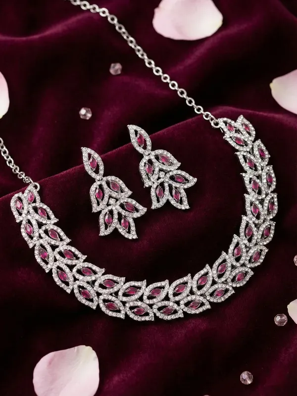 Reesha_Jewels_exquisite_silver-toned_Pink_necklace_and_earring_set.