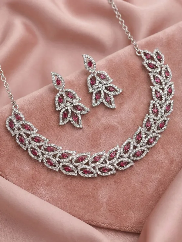 Reesha_Jewels_exquisite_silver-toned_Pink_necklace_and_earring_set.