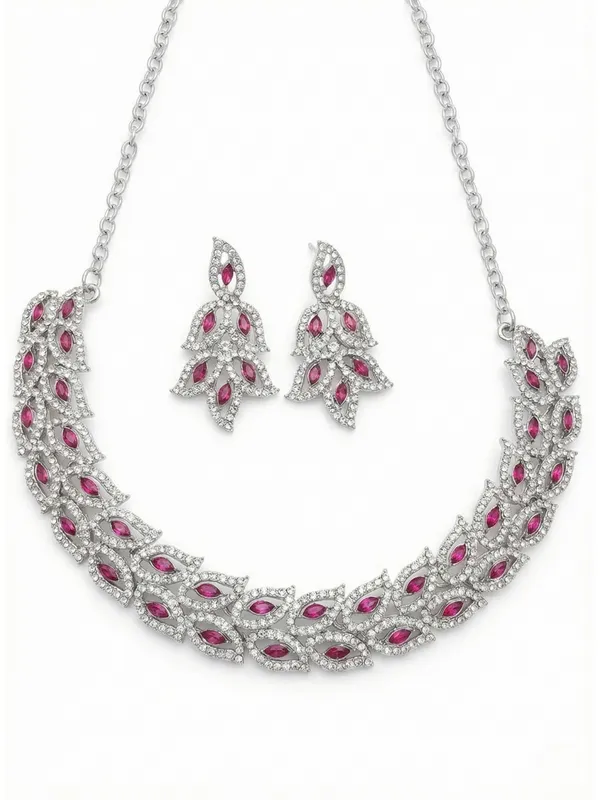 Reesha_Jewels_exquisite_silver-toned_Pink_necklace_and_earring_set.
