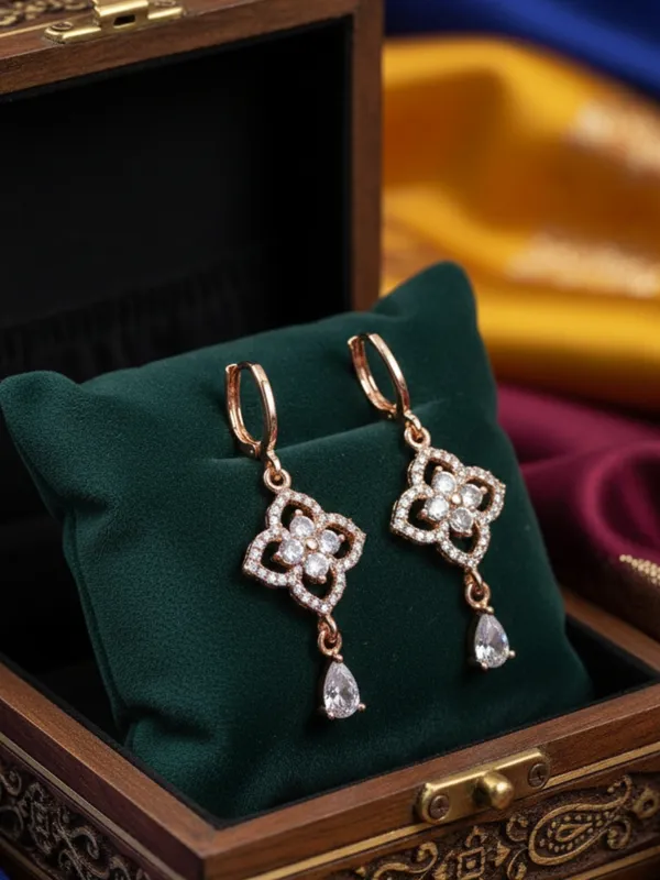 Rose_Gold_Dangle_Earrings_for_Women,_Cubic_Zirconia_Clover_Design_with_Teardrop