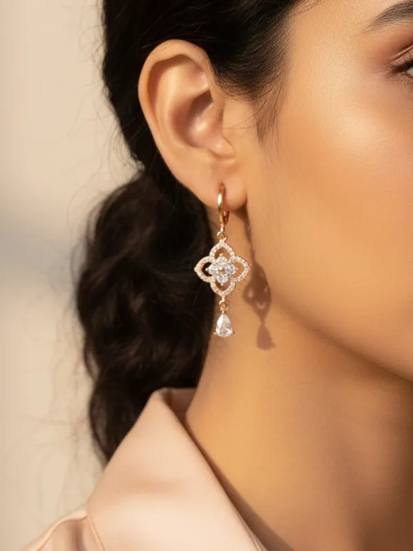 Rose_Gold_Dangle_Earrings_for_Women,_Cubic_Zirconia_Clover_Design_with_Teardrop