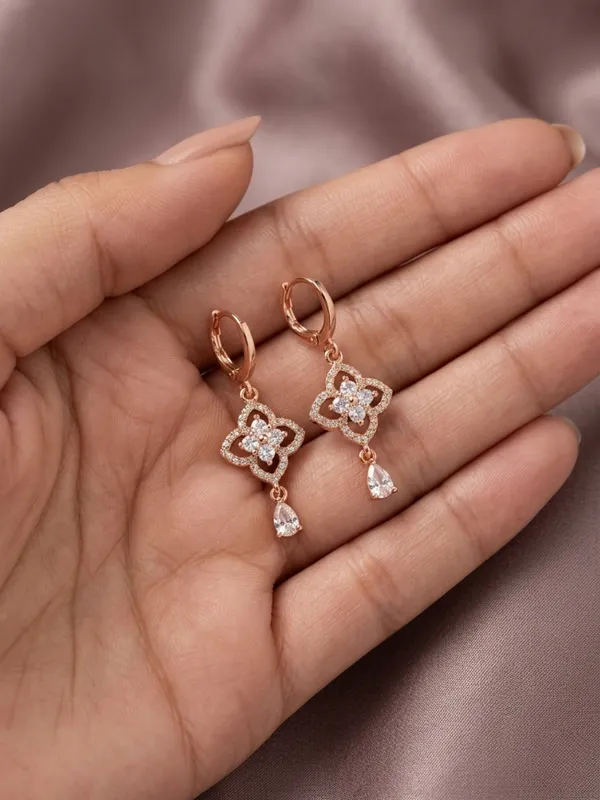 Rose_Gold_Dangle_Earrings_for_Women,_Cubic_Zirconia_Clover_Design_with_Teardrop
