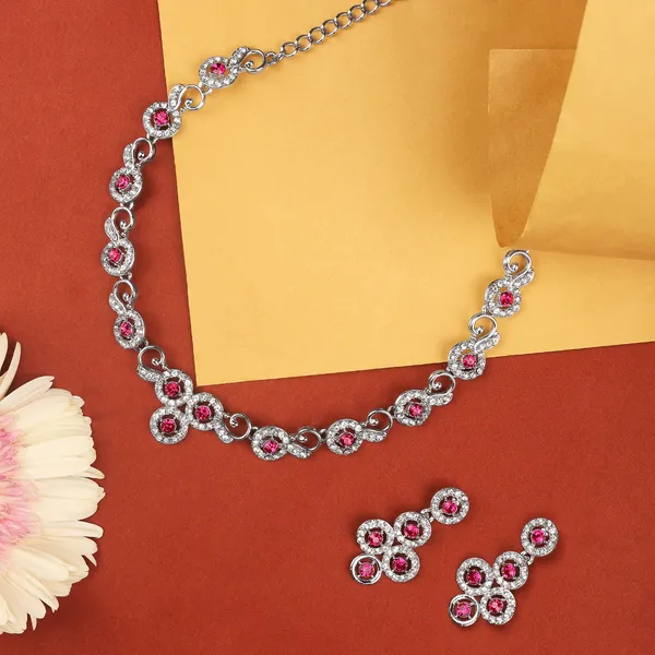 Silver-Tone_Pink_Necklace_Set_for_Women