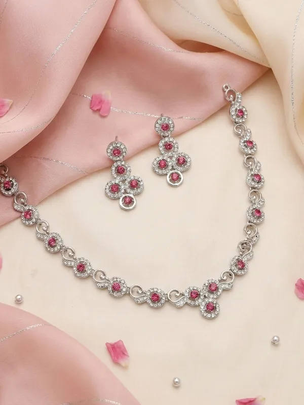 Silver-Tone_Pink_Necklace_Set_for_Women