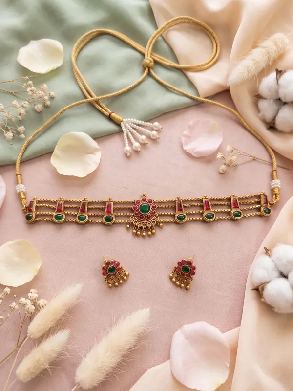 Sleek_Traditional_Elakkathali_Style_Choker_&_Matching_Stud_Earrings_Set