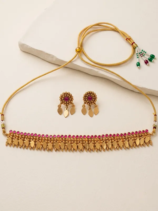 Traditional_Antique_Gold_Plated_Ruby_Elakkathali_Choker_Set_with_Earrings