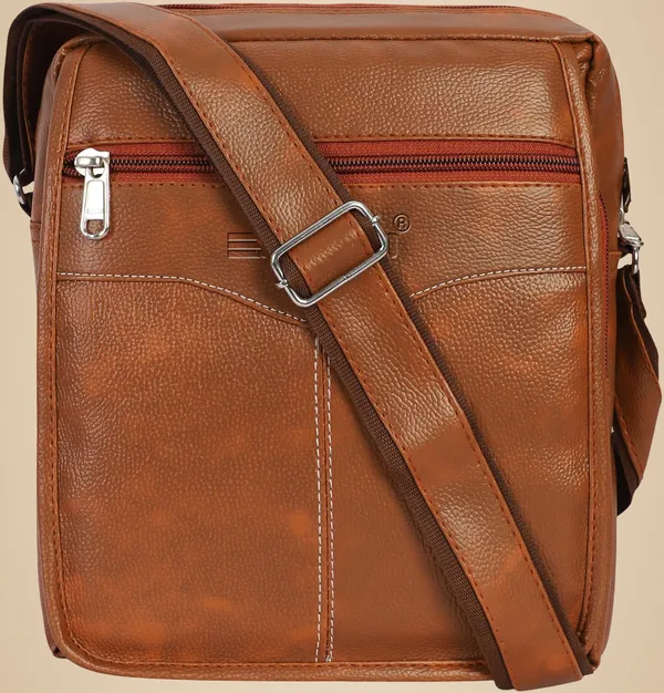 Tan_Synthetic_Leather_Sling_Cross_Body_Bag_For_Boys_&_Girls