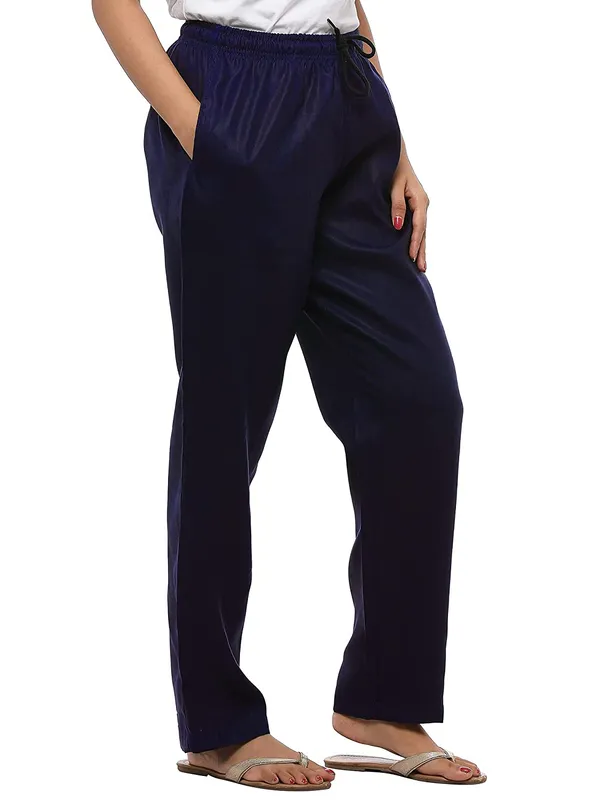 Navy_Blue_Plus_Size_Cotton_Linen_Solid_Lounge_Bottom_Pant_Pyjamas_For_Women