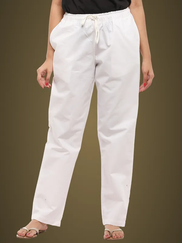 White_Plus_Size_Cotton_Linen_Solid_Lounge_Bottom_Pant_Pyjamas_For_Women