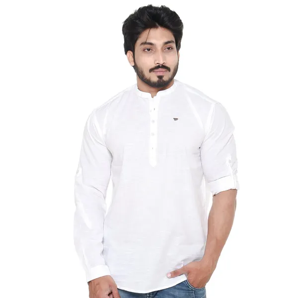 White_Plus_Size_Linen_Chinese_Collar_Full_Sleeve_Short_Kurta_For_Men